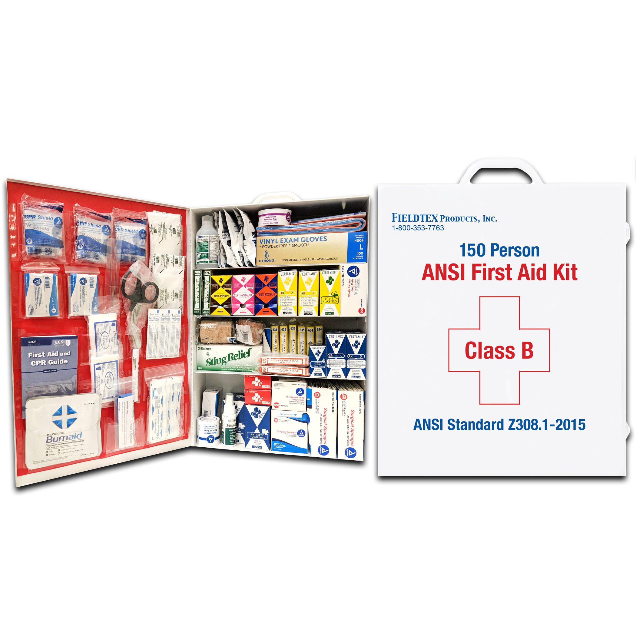 ANSI B 150 Person Metal Four Shelf First Aid Kit w/ Medications